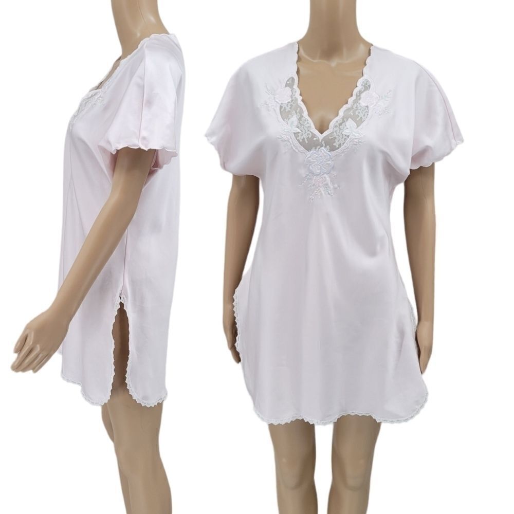 SARA Beth Women's Vintage Pale Pink Nightgown Lace Trim Short Sleeve Slip Dress